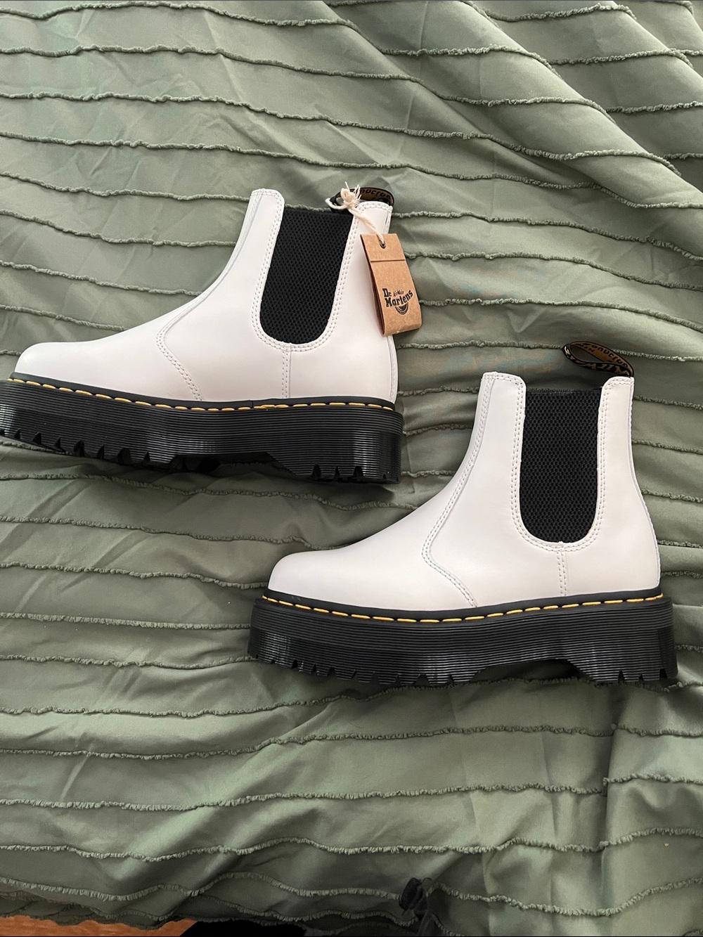 Dr. Martens White Leather Chelsea Platform Boots with Black Elastic